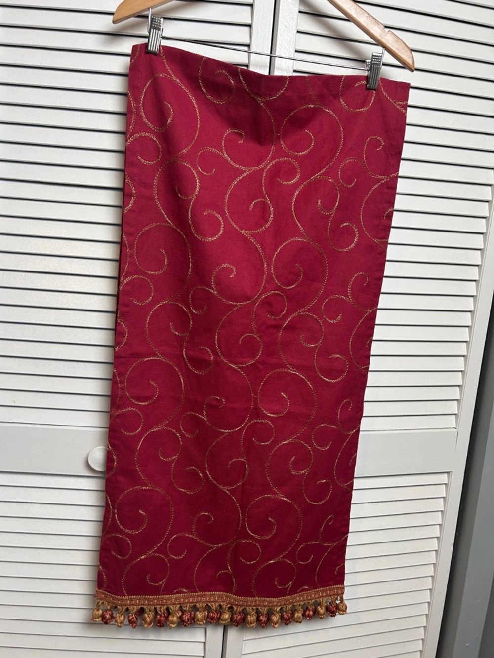 Ovi Burgundy Midi Skirt with Gold Scroll Embroidery table runner